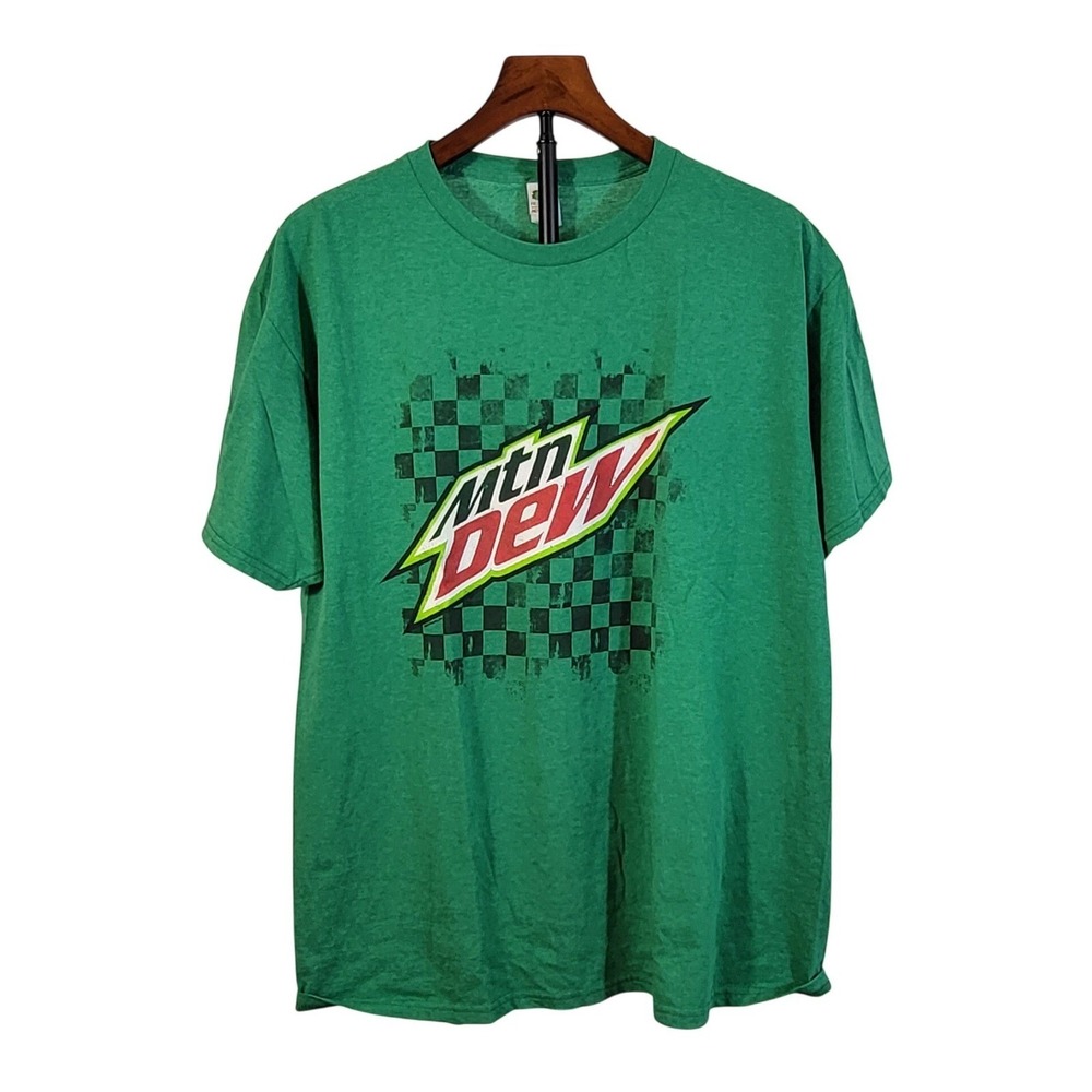 Mountain Dew Mtn Dew Graphic T-Shirt Mens Large Green Checkered Flag Fruit Loom